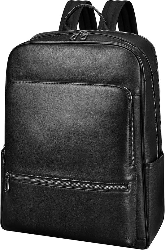 Men's Large Black Leather Backpack, 17.3 Inch Genuine Leather Laptop Backpack for Men, Minimalist & Luxury Executive Computer Backpack for Work Travel