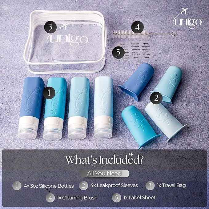 unigo Travel Bottles For Toiletries, 3.oz TSA Approved Containers, Travel Size Toiletries, Shampoo and Conditioner Bottles, Leak Proof and Refillable Bottles, BPA Free, Extra Bottle Covers (Blue)