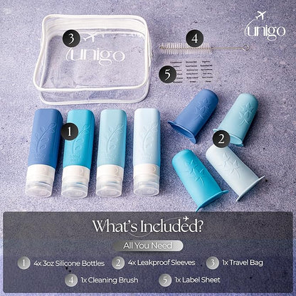 unigo Travel Bottles For Toiletries, 3.oz TSA Approved Containers, Travel Size Toiletries, Shampoo and Conditioner Bottles, Leak Proof and Refillable Bottles, BPA Free, Extra Bottle Covers (Blue)