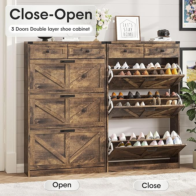 Shoe Cabinet with 3 Flip Drawers & 2 Drawers,Freestanding Shoe Storage Cabinet for Entryway,Farmhouse Narrow Slim Organizer Rack for Foyer,Hallway,Rustic Brown