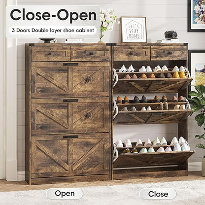Shoe Cabinet with 3 Flip Drawers & 2 Drawers,Freestanding Shoe Storage Cabinet for Entryway,Farmhouse Narrow Slim Organizer Rack for Foyer,Hallway,Rustic Brown