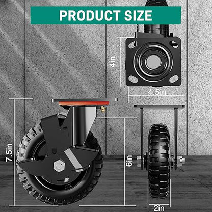 6 Inch Caster Wheels Set of 2 (2 Swivel with Brake), 660lb Total Capacity, Heavy Duty Plate Casters Solid Rubber Knobby Tread for Workbench, Cart, Dolly, Trolley, Wagon, and Outdoor Use
