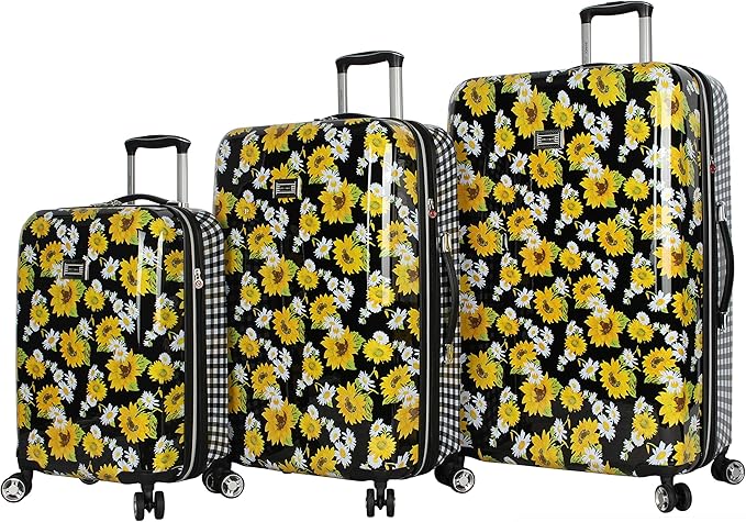 Betsey Johnson Designer Luggage Collection - Expandable 3 Piece Hardside Lightweight Spinner Suitcase Set - Travel Set includes 20-Inch Carry On, 26 inch and 30-Inch Checked Suitcase (Sunflower)