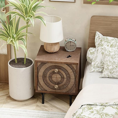 Farmhouse 2-Drawer Nightstand, Accent Wooden Nightstand with Circle Pattern and Radioactive Wood Lines, for Bedroom, Natural Wood Color