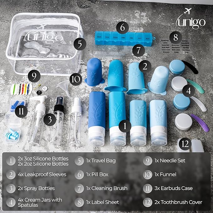 unigo 30pack Full Set TSA Approved Travel Bottles for toiletries, Travel Size Containers for Toiletries, Refillable Leakproof Shampoo and Conditioner Bottles, Toiletry Containers (Blue)