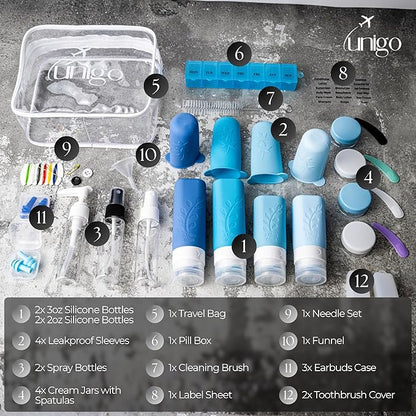 unigo 30pack Full Set TSA Approved Travel Bottles for toiletries, Travel Size Containers for Toiletries, Refillable Leakproof Shampoo and Conditioner Bottles, Toiletry Containers (Blue)