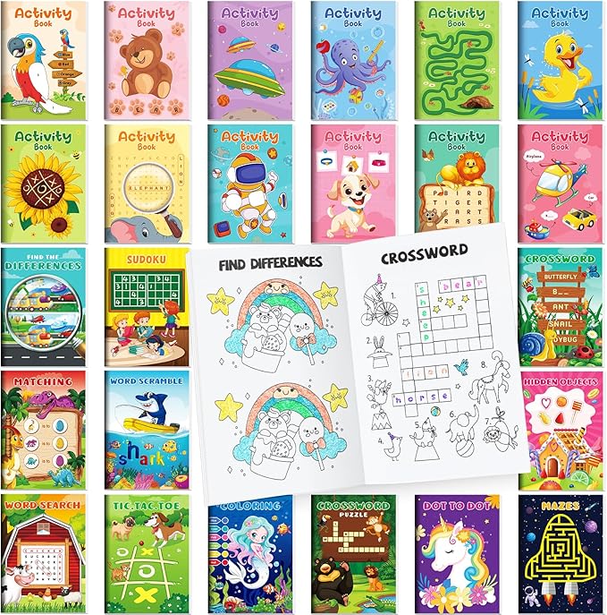 BenLouis 24 pcs Mini Activity Books for Kids ages 4-8-12 Small Activity Books Party Favors Bulk Mazes Coloring and More for Classroom Travel Birthday Goodie Bag Gift Stuffer(Assorted)