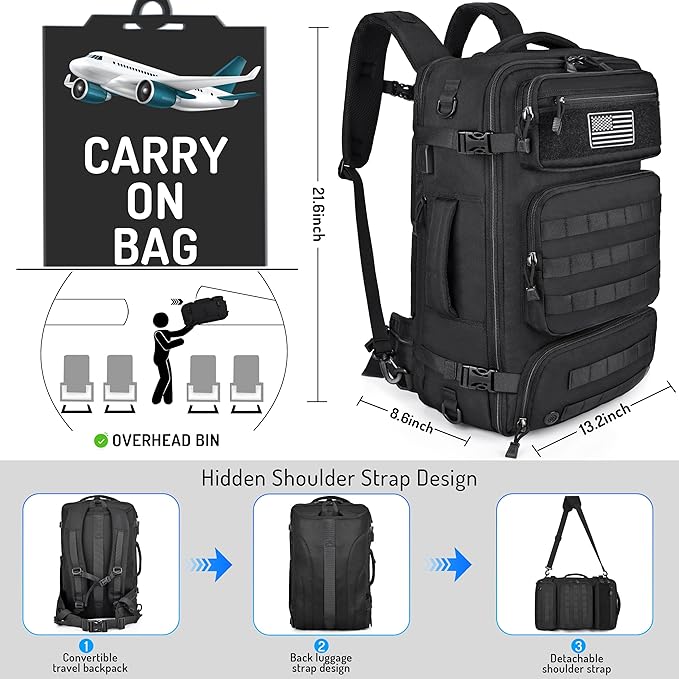 MOZETO Travel Backpack for Men 40L TSA Approved Carry On Backpack with USB Charging Port Durable Water-resistant Convertible Duffle Luggage Bag Large Weekender Bag Daypack Fits 17.3 Inch Laptop