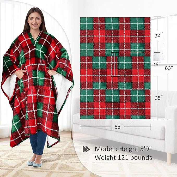 Catalonia Sherpa Wearable Blanket Poncho for Adult Women Men, Wrap Blanket Cape with Pocket, Warm, Soft, Cozy, Snuggly, Comfort Gift, No Sleeves, Plaid Buffalo Christmas