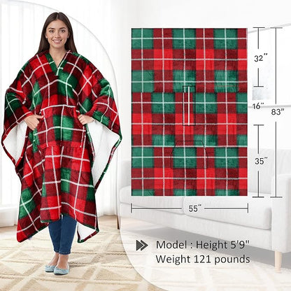 Catalonia Sherpa Wearable Blanket Poncho for Adult Women Men, Wrap Blanket Cape with Pocket, Warm, Soft, Cozy, Snuggly, Comfort Gift, No Sleeves, Plaid Buffalo Christmas