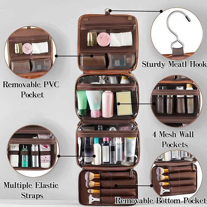 3-in-1 Hanging Toiletry Bag for Men - Spacious PU Leather Dopp Kit, Waterproof Shaving Bag with Grooming Compartments for Weekend Getaways, Daily Use, Gift for Him (Brown)