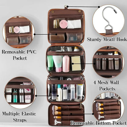 3-in-1 Hanging Toiletry Bag for Men - Spacious PU Leather Dopp Kit, Waterproof Shaving Bag with Grooming Compartments for Weekend Getaways, Daily Use, Gift for Him (Brown)