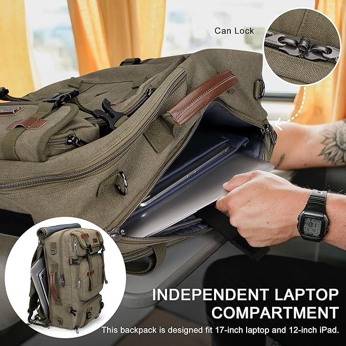 WITZMAN Travel Backpack for Men 40L Large Carry-on Airline Approved Convertible 3 in 1 laptop Bags Fit 17 inch(A8013 Army Green)