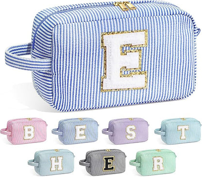 YOOLIFE Bridal Shower Gifts - Bridesmaid Bag, Bridesmaid Proposal Gifts for Wedding Day, Bride to be Gifts, Maid Matron of Honor Gift, Bachelorette Party Favors, Blue Initial Makeup Bag Cosmetic Bag E