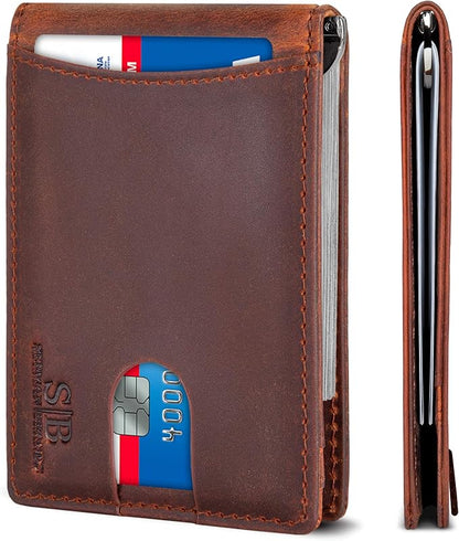 SERMAN BRANDS RFID Blocking Slim Bifold Genuine Leather Minimalist Front Pocket Wallets for Men with Money Clip Thin Mens
