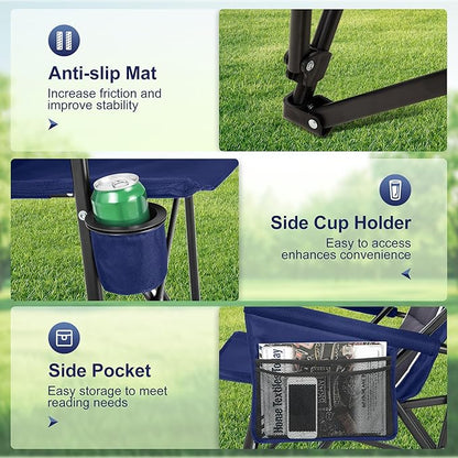 LET'S CAMP Oversized Camping Chairs 29.52" High Back Heavy Duty Lawn Chair Support 500LBS, Portable Collapsible Chair with Cup Holder, Side Pocket,2 Pack(Blue)