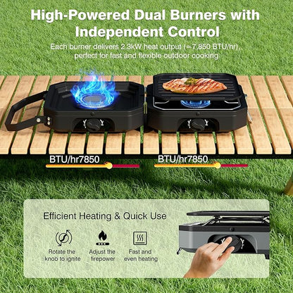 Camping Stove Portable Propane Camp Stove with 3 Pot Set, 2 Burners Foldable Gas Stove with Independently Adjustable Heat,Camping Stove Propane for Outdoor Cooking,Tailgating & Backyard Gathering,BBQ