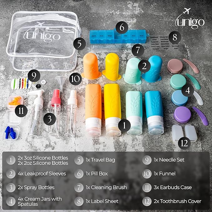 Unigo 30-Pack Full Set Multicolor B Travel Bottles, Refillable Leakproof Travel Shampoo and Conditioner Bottles, Toiletry Containers, Extra Bottle Sleeves (B Set) for Traveling