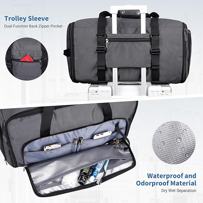 WITZMAN Garment Duffle Bags for Travel Mens Large Convertible Carry On Suit Garment Bag for Men Hanging Clothes with Shoe Compartment（B725 Silvery Grey）