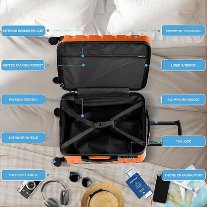 Flight Knight 24x16x10 Expandable Carry On Suitcase Hardside TSA Lock USB C Lightweight Luggage Silent Double Spinner Wheels Maximum Overhead Carry-On Bag For Virgin & South West Approved Airlines