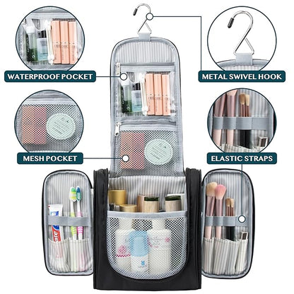 PAVILIA Toiletry Bag Travel Bag for Women Men, Hanging Cosmetic Organizer, Water Resistant Makeup Bag for Accessories Toiletries, Large Travel Essentials Kit (Black)