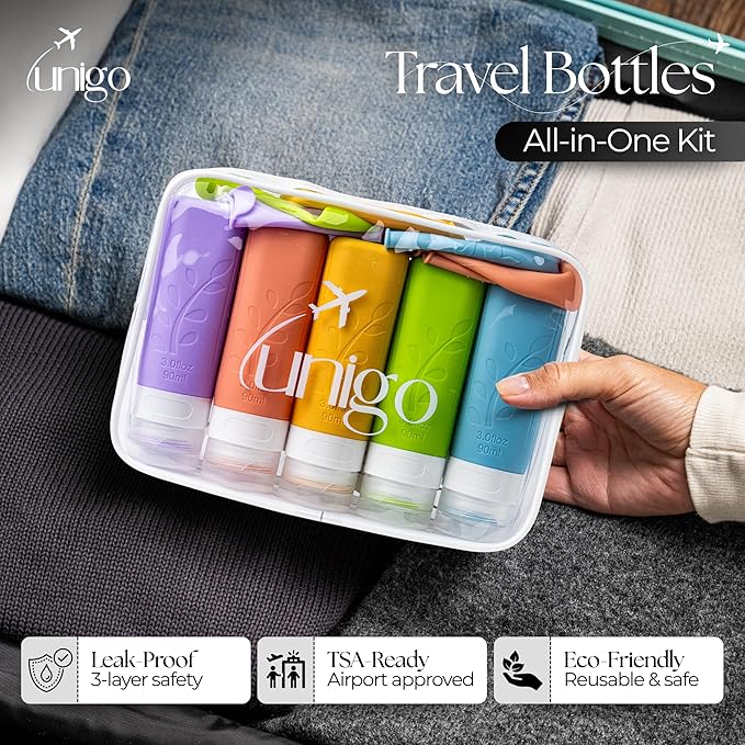 unigo Travel Bottles For Toiletries, 5-pack 3.oz TSA Aprroved Travel Size Bottles, Containers For Toiletries, BPA Free, Leak Prrof, Refillable Containers Bottles (Multicolor B)