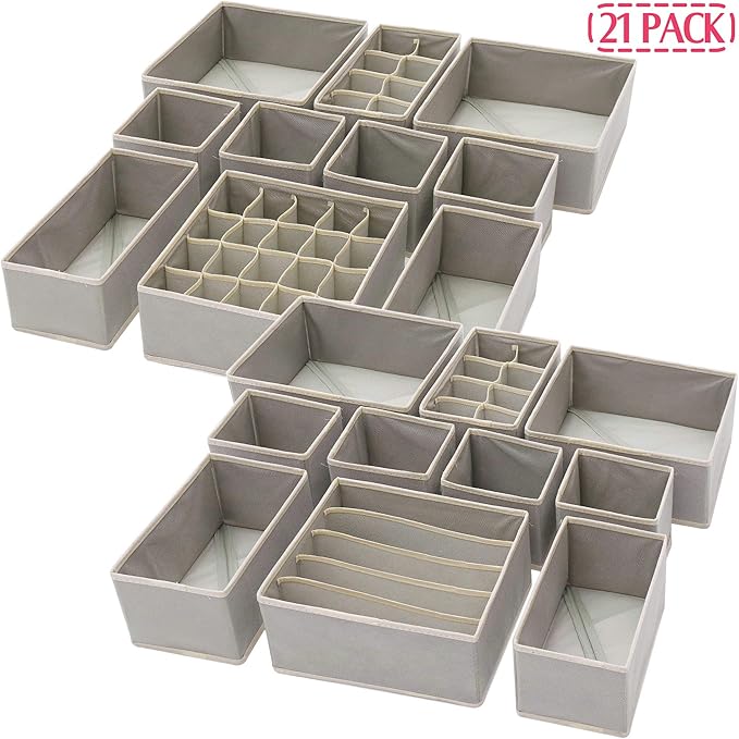 DIOMMELL Set of 21 Foldable Cloth Storage Box Closet Dresser Drawer Organizer Fabric Baskets Bins Containers Divider for Baby Clothes Underwear Bras Socks Lingerie Clothing,Grey 11-4249
