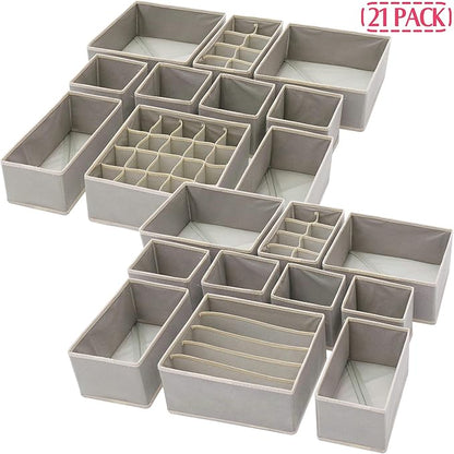 DIOMMELL Set of 21 Foldable Cloth Storage Box Closet Dresser Drawer Organizer Fabric Baskets Bins Containers Divider for Baby Clothes Underwear Bras Socks Lingerie Clothing,Grey 11-4249