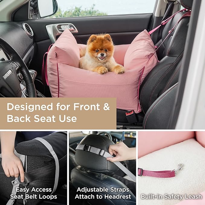Lesure Small Dog Car Seat for Small Dogs -Soft Dog Booster Seat for Car with Storage Pocket and Clip-On Safety Leash and Thickened Memory Foam Filling, Pet Travel Carrier Bed Strawberry Cream