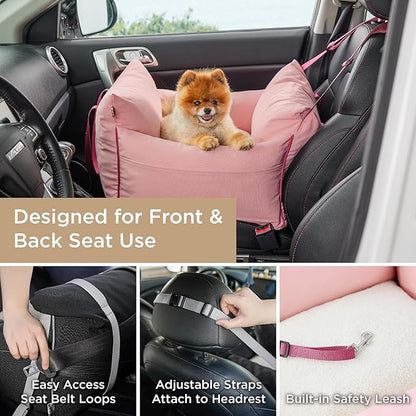 Lesure Small Dog Car Seat for Small Dogs -Soft Dog Booster Seat for Car with Storage Pocket and Clip-On Safety Leash and Thickened Memory Foam Filling, Pet Travel Carrier Bed Strawberry Cream