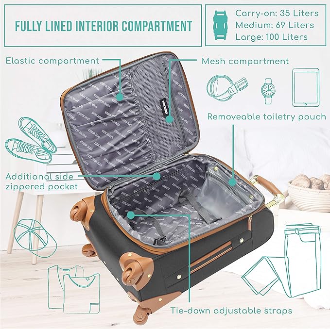 Steve Madden Designer Luggage Collection - Lightweight Softside Expandable Suitcase for Men & Women - Durable 20 Inch Carry On Bag with 4-Rolling Spinner Wheels (20in, Global Black)