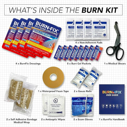 BurnFIX® Burn Kit First Aid Recommended by Doctors, Comprehensive 25pcs First Aid Kit Includes Burn Gel, Burn Dressing, Gloves, Scissors, Wipes for Quick Burn Relief - Sunburn, Electrical, Flame Burns