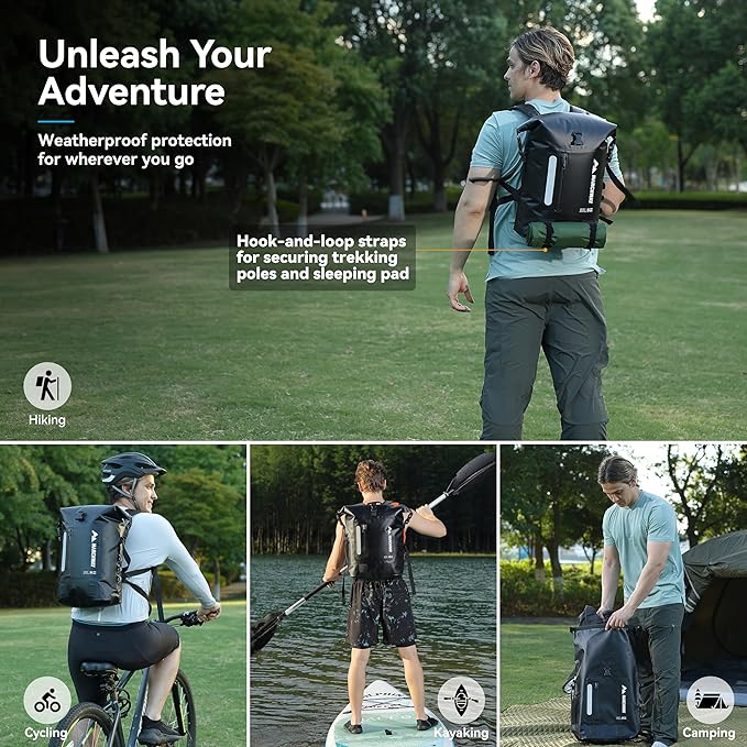 MARCHWAY Roll Top Waterproof Backpack, Floating Dry Bag 20L/30L/45L with Ergonomic Rectangular Base, Cushioned Back, Hip Strap for Hiking Camping Kayaking Travel (Black, 30L)