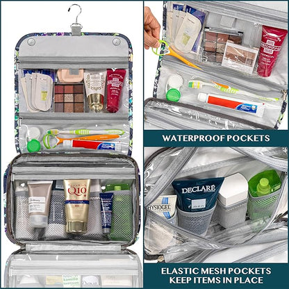 PAVILIA Hanging Toiletry Bag Women Men, Foldable Cosmetic Organizer Travel Bag, Water Resistant Makeup Bag Toiletries, Large Travel Essentials Kit (Grey Floral)