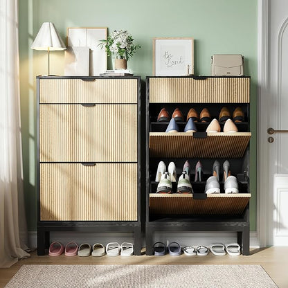 GAOMON Shoe Cabinet with 2 Flip Drawers, Entryway Cabinet with Adjustable Shelves, Accommodate 8 to 12 Pair of Shoes, Space-Saving Slim Shoe Cabinet for Entryway, Hallway, Front Door, Black Oak
