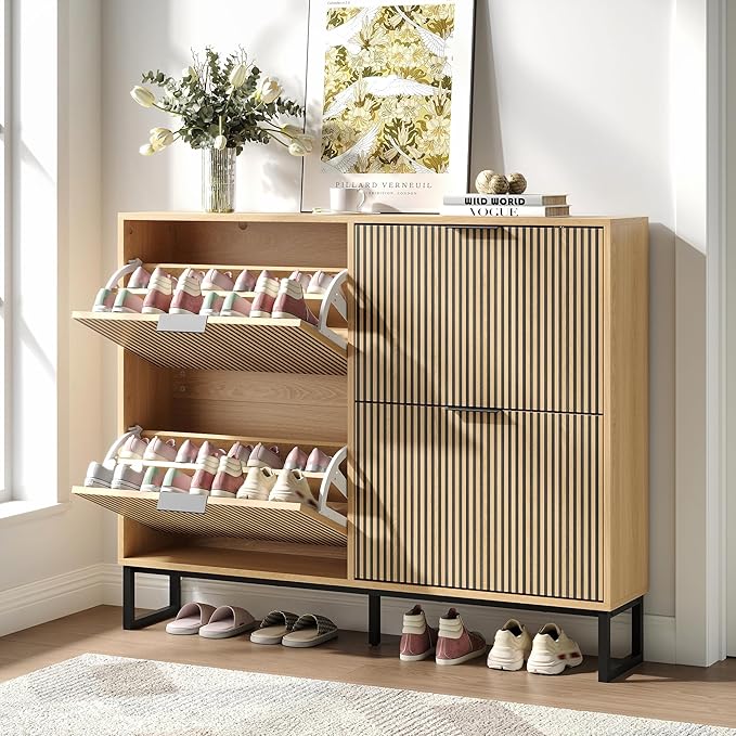 Shoe Cabinet with 4 Flip Drawers Set of 2, Narrow Wood Shoe Cabinet Storage for Entryway, Freestanding Hidden Shoe Organizer Rack Cabinet for Hallway