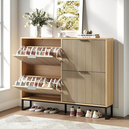 Shoe Cabinet with 4 Flip Drawers Set of 2, Narrow Wood Shoe Cabinet Storage for Entryway, Freestanding Hidden Shoe Organizer Rack Cabinet for Hallway