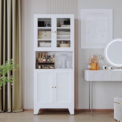 69" Tall Modern Metal Pantry Cabinet with Microwave Stand, Freestanding Linen Cabinet for Bathroom, Kitchen, Dining & Living Room, Kitchen Hutch & Coffee Bar(Glass)