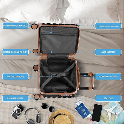 Flight Knight Carry On Suitcase 16.25x13.5x8 Hardside TSA Lock & USB Port Lightweight Luggage Silent Double Spinner Wheels Maximum Underseat Carry-On Bag For Virgin & South West Approved Airlines