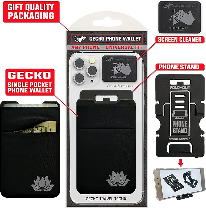 Gecko Travel Tech Double Pocket - Adhesive Card Holder - Cell Phone Pouch - Stick on Spandex Pocket - Carry Credit Cards and Cash (Lotus)