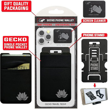 Gecko Travel Tech Double Pocket - Adhesive Card Holder - Cell Phone Pouch - Stick on Spandex Pocket - Carry Credit Cards and Cash (Lotus)