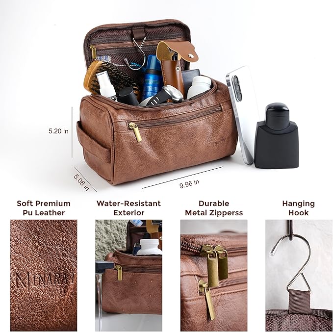 MINARAI-Mens Toiletry Bag with Razor Case– Premium Leather-Look Hygiene Bag for men with Wide-Open Access, Hanging Design, and Strong Structure– Built for Travel, Gym, and Everyday Organization–BROWN