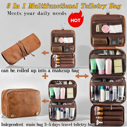 3-in-1 Hanging Toiletry Bag for Men - Spacious PU Leather Dopp Kit, Waterproof Shaving Bag with Grooming Compartments for Weekend Getaways, Daily Use, Gift for Him (Black)
