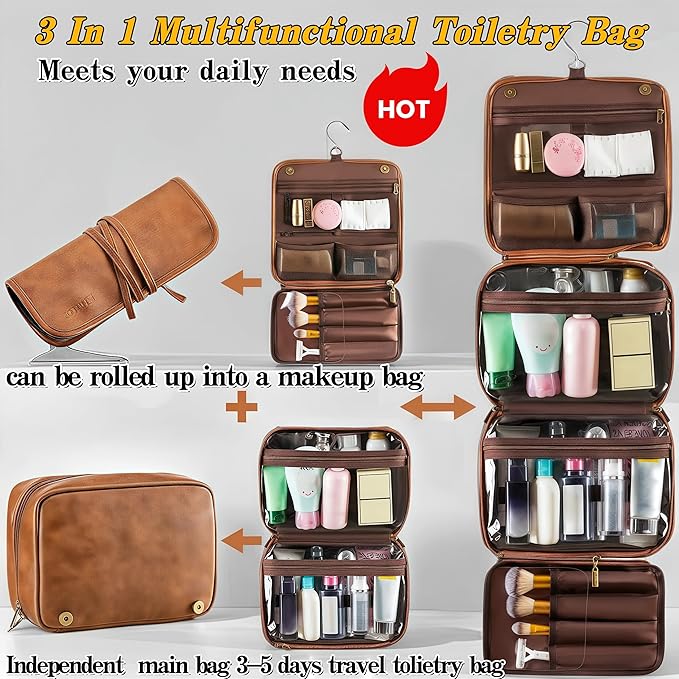 3-in-1 Hanging Toiletry Bag for Men - Spacious PU Leather Dopp Kit, Waterproof Shaving Bag with Grooming Compartments for Weekend Getaways, Daily Use, Gift for Him (Brown)