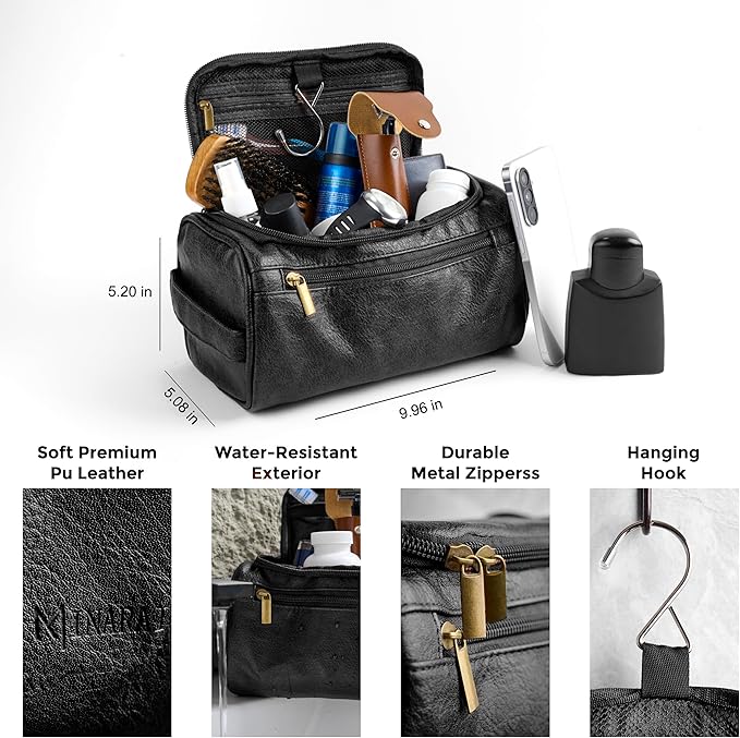 MINARAI-Mens Toiletry Bag with Razor Case– Premium Leather-Look Hygiene Bag for men with Wide-Open Access, Hanging Design, and Strong Structure– Built for Travel, Gym, and Everyday Organization– BLACK