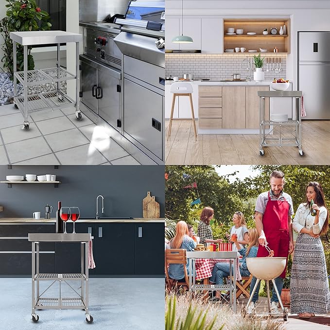 Origami RBT Foldable Kitchen Island Cart, Storage Table Organizer with Wheels, Silver