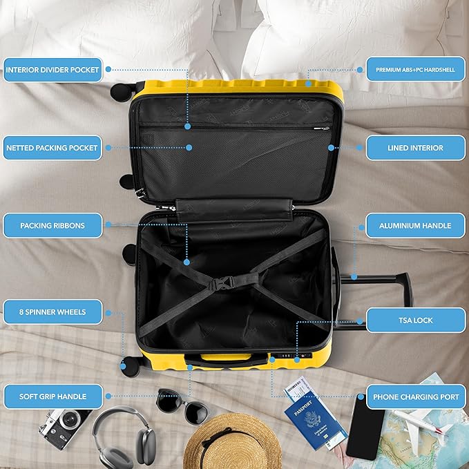 Flight Knight 24x16x10 Expandable Carry On Suitcase Hardside TSA Lock USB C Lightweight Luggage Silent Double Spinner Wheels Maximum Overhead Carry-On Bag For Virgin & South West Approved Airlines