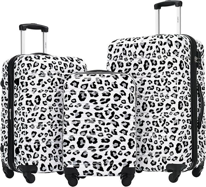 Merax Luggage Sets 3 Piece, Hardside Expandable Suitcase Set with Spinner Wheels, Lightweight Leopard 20+24+28 IN Suitcase with Carry on Luggage, Leopard White+Black