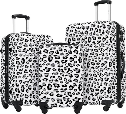 Merax Luggage Sets 3 Piece, Hardside Expandable Suitcase Set with Spinner Wheels, Lightweight Leopard 20+24+28 IN Suitcase with Carry on Luggage, Leopard White+Black