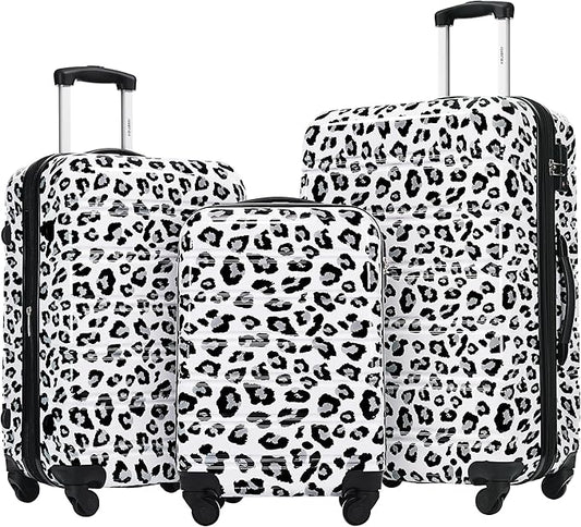 Merax Luggage Sets 3 Piece, Hardside Expandable Suitcase Set with Spinner Wheels, Lightweight Leopard 20+24+28 IN Suitcase with Carry on Luggage, Leopard White+Black